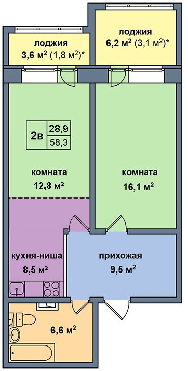 Планировка квартиры типа '2В' в новостройке по адресу Дом №11 Планировка квартиры типа '2В' в новостройке по адресу Дом №11