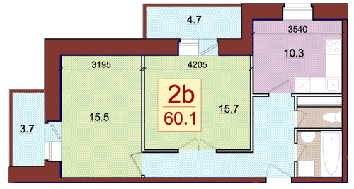 Планировка квартиры типа '2B' в новостройке по адресу Набережная, в районе дома 3