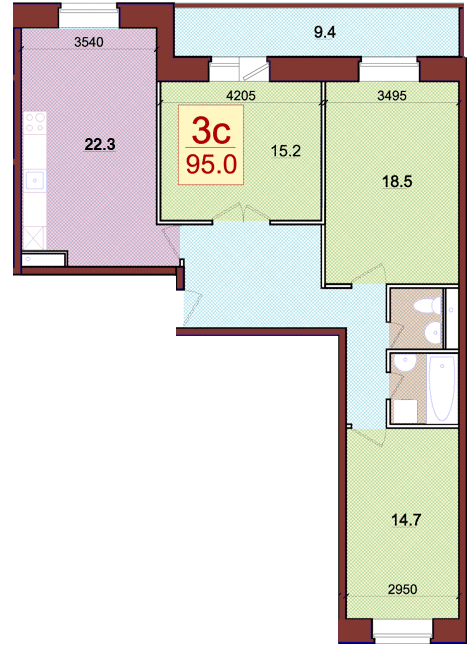 Планировка квартиры типа '3C' в новостройке по адресу Набережная, в районе дома 3