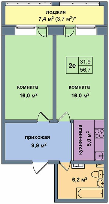 Планировка квартиры типа '2Е' в новостройке по адресу Дом №11